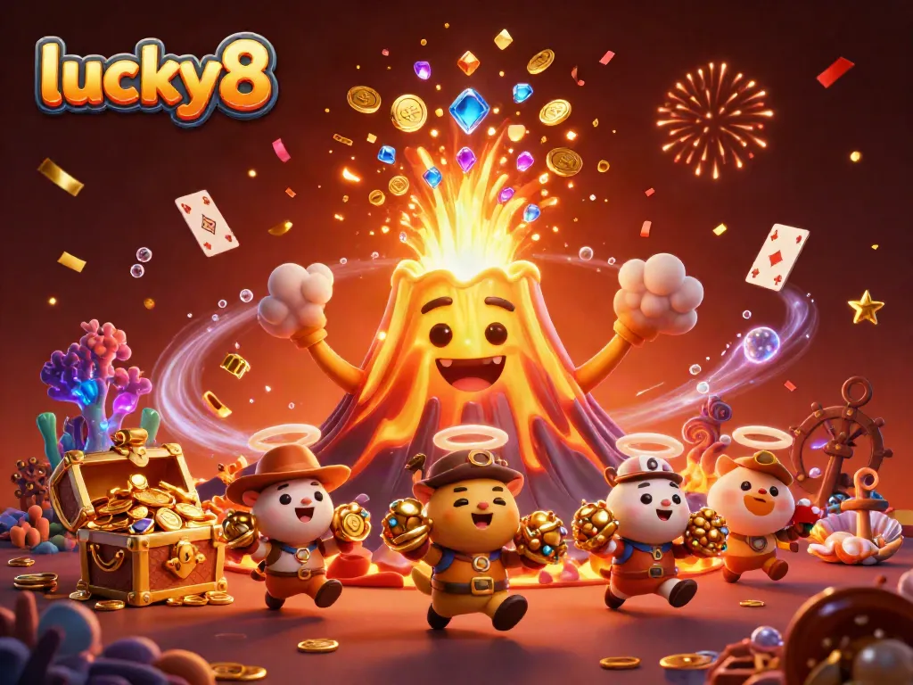 Engage with lucky8's exhilarating jackpots and treasure-filled adventures in a dynamic 3D illustration.