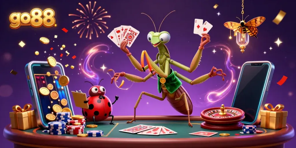 Experience the excitement of go 88 with vibrant characters and casino elements in a lively 3D scene.