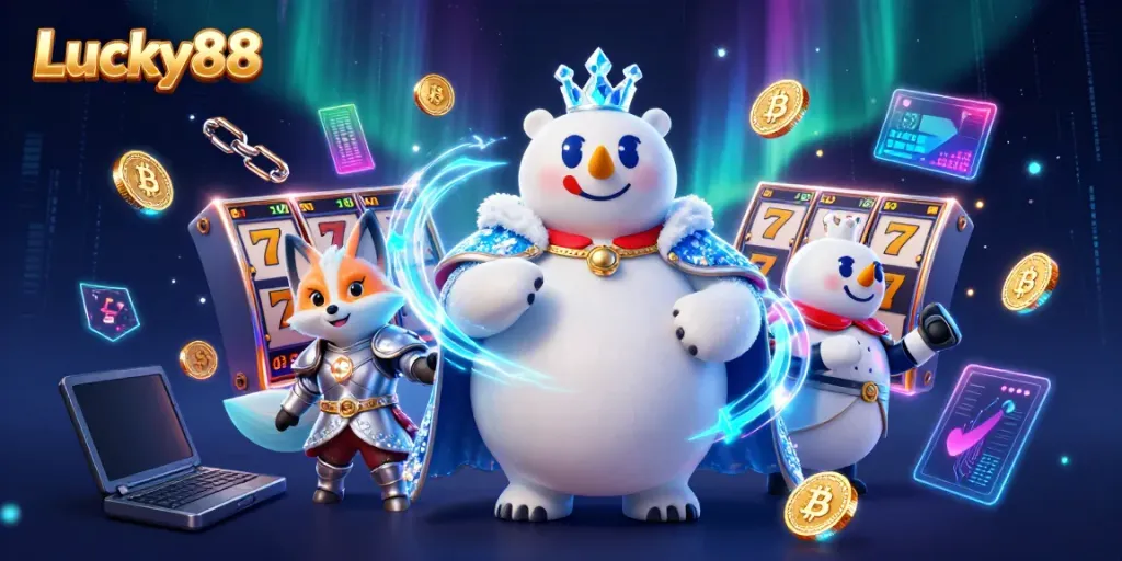 Engage with Lucky88 through dynamic slot reels and vivid characters in an exciting 3D casino-themed scene.
