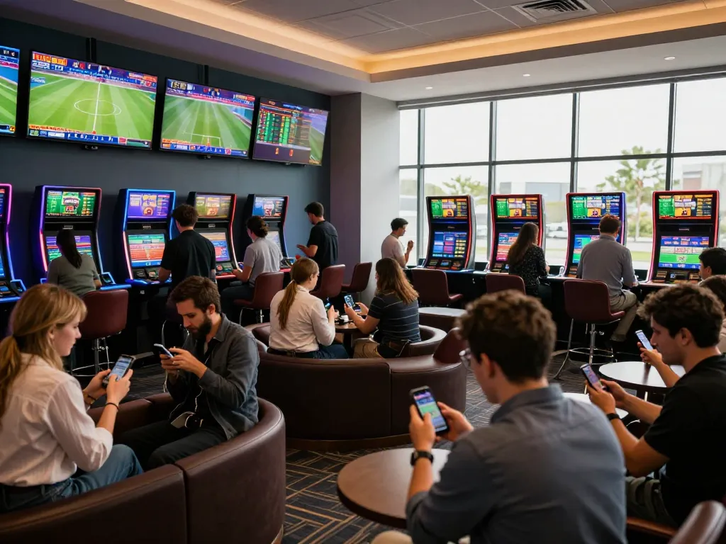 Nhandinhkeonhacai sports betting scene with enthusiasts analyzing odds and placing wagers.
