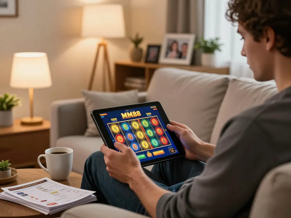 Player enjoying MM88 online slots on a tablet in a cozy living room atmosphere