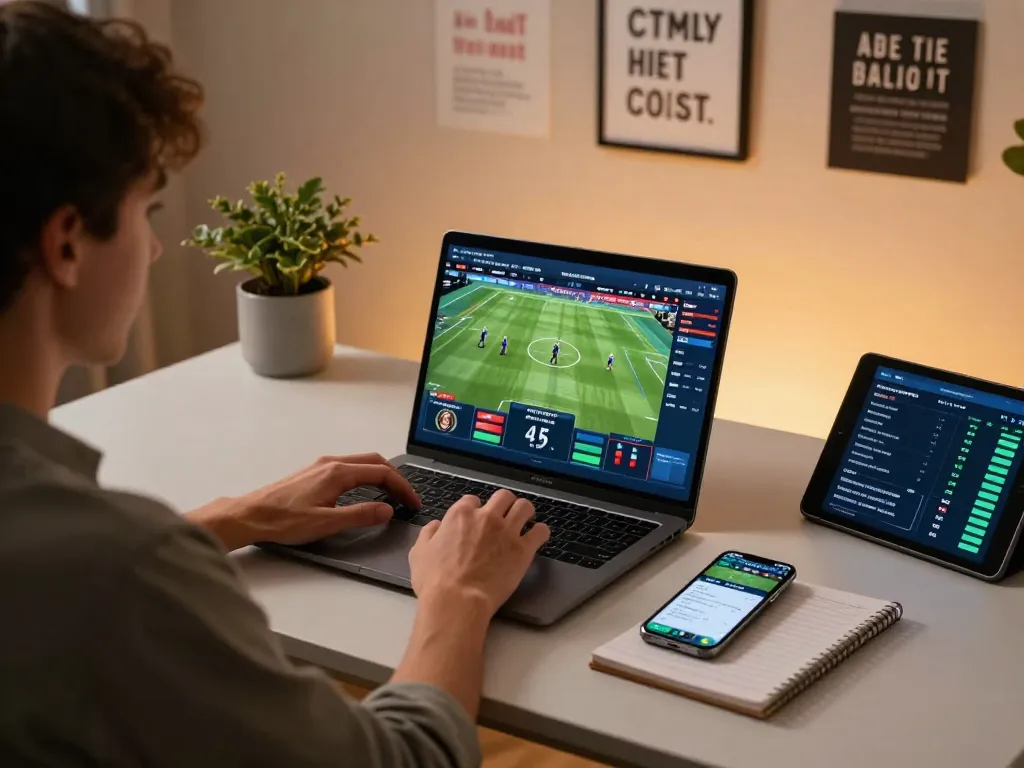 Person actively placing bets on SHBET from a modern home office setup.