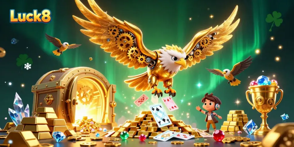 Join the thrilling game action at Luck8 with a cybernetic golden eagle diving amidst treasure!