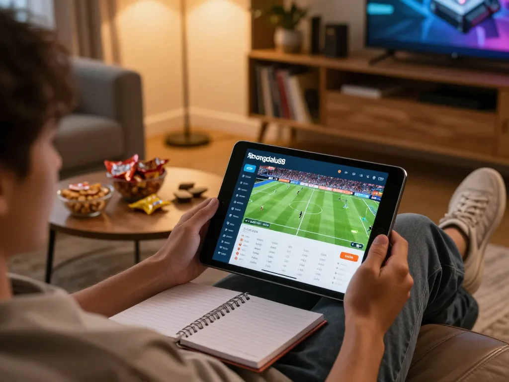 Engaging moment of sports betting on bongdalu88 app, person tracking live football scores.
