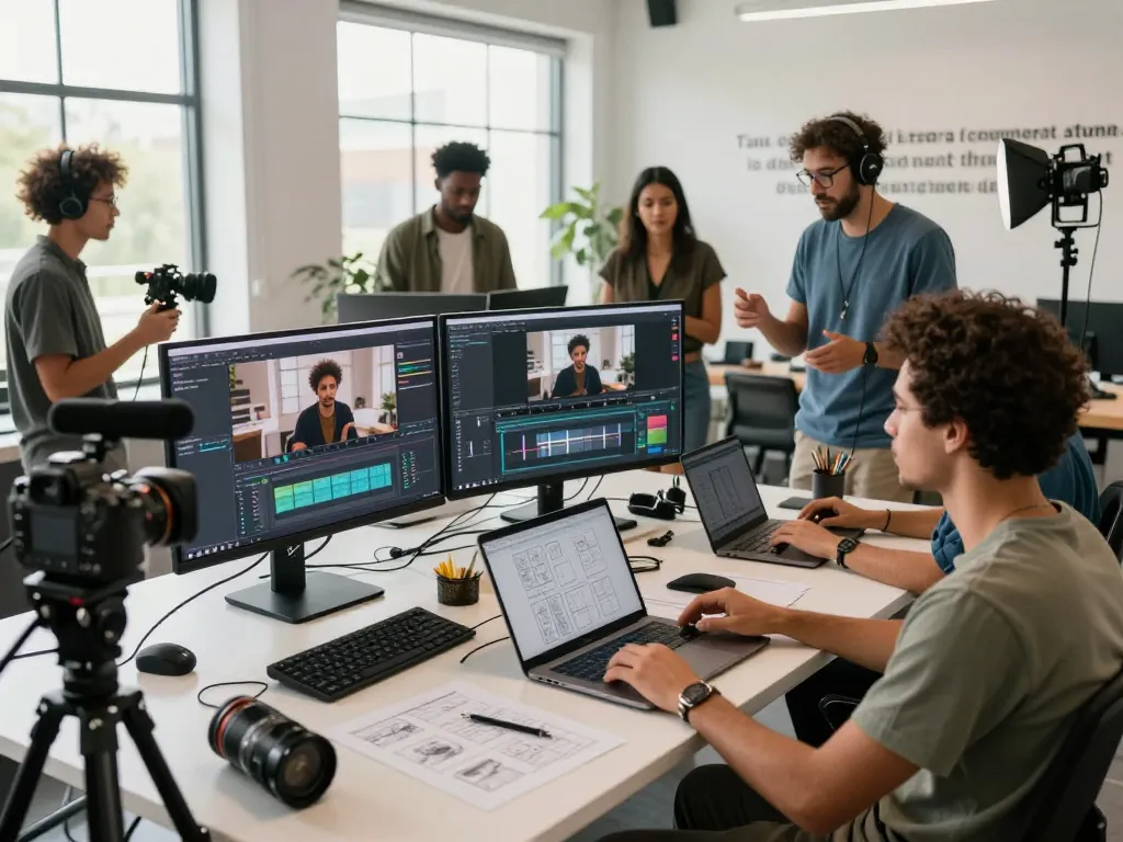 Collaborative scene showcasing Seedance 2.0 AI video production in a modern creative studio environment.
