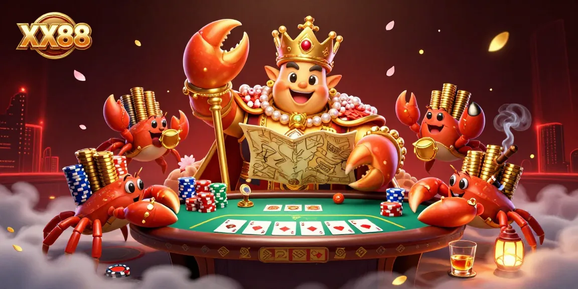 Explore exciting gameplay at XX88 with a shimmering casino scene featuring a golden crab emperor and poker elements.