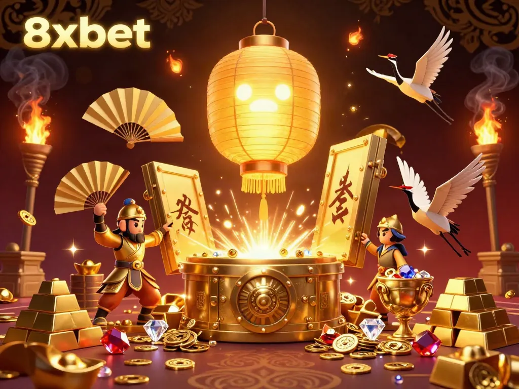 Experience the exciting 8xbet casino ambiance with golden lanterns, treasures, and vibrant characters.