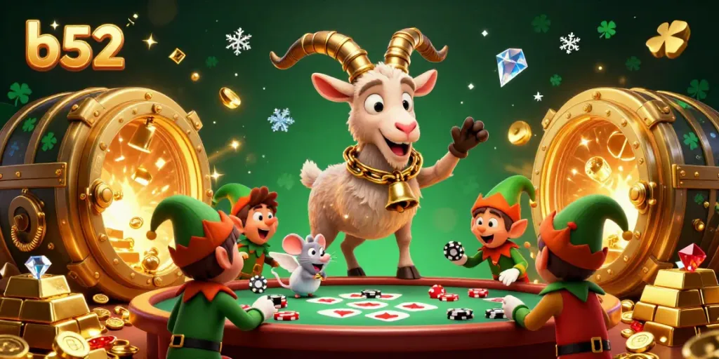 Experience thrilling action at the b52 casino with Krampus and merry characters amidst a treasure-filled holiday scene.