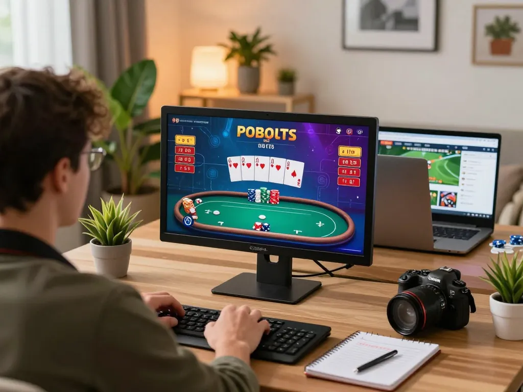 Player engaging in online poker at home, showcasing sc88hd gaming excitement and strategy.