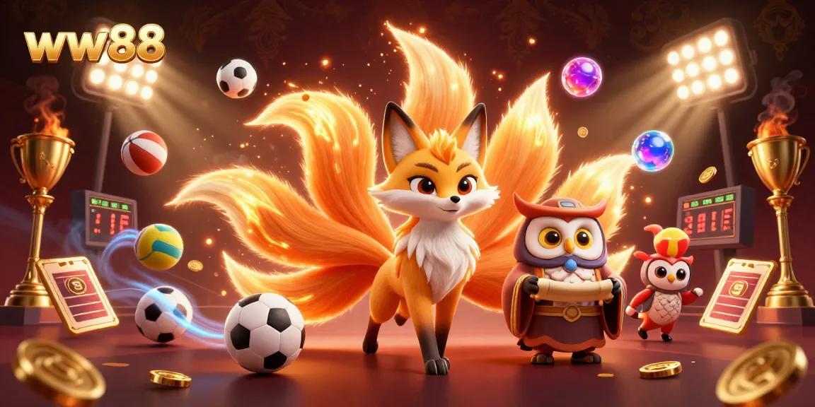 Experience the excitement of ww88 with a vibrant scene of a nine-tailed fox and owl amidst casino elements.