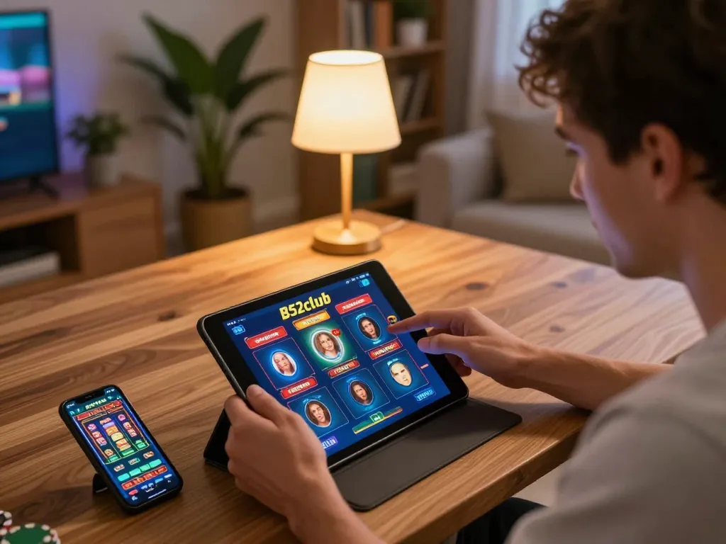 Người chơi B52club tương tác với ứng dụng casino trực tuyến trong phòng khách ấm cúng, thể hiện lối chơi chiến lược.