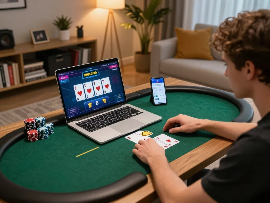 8kbet player engaging in an online poker game at home, showcasing strategic gaming environment
