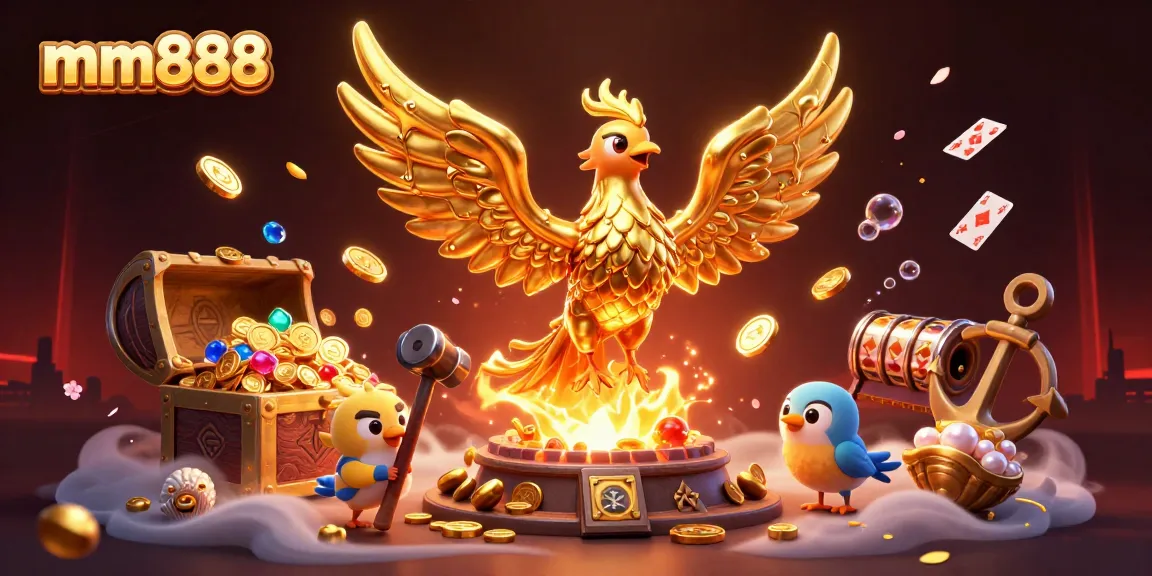 Experience the thrill of mm888 slots with a golden phoenix emerging, surrounded by riches in this vibrant casino scene.