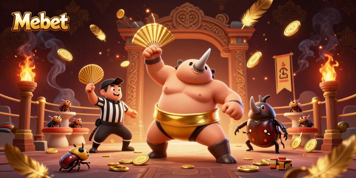 Mebet showcases an exciting scene of a beetle champion stomping coins, engaging bettors in the vibrant arena.