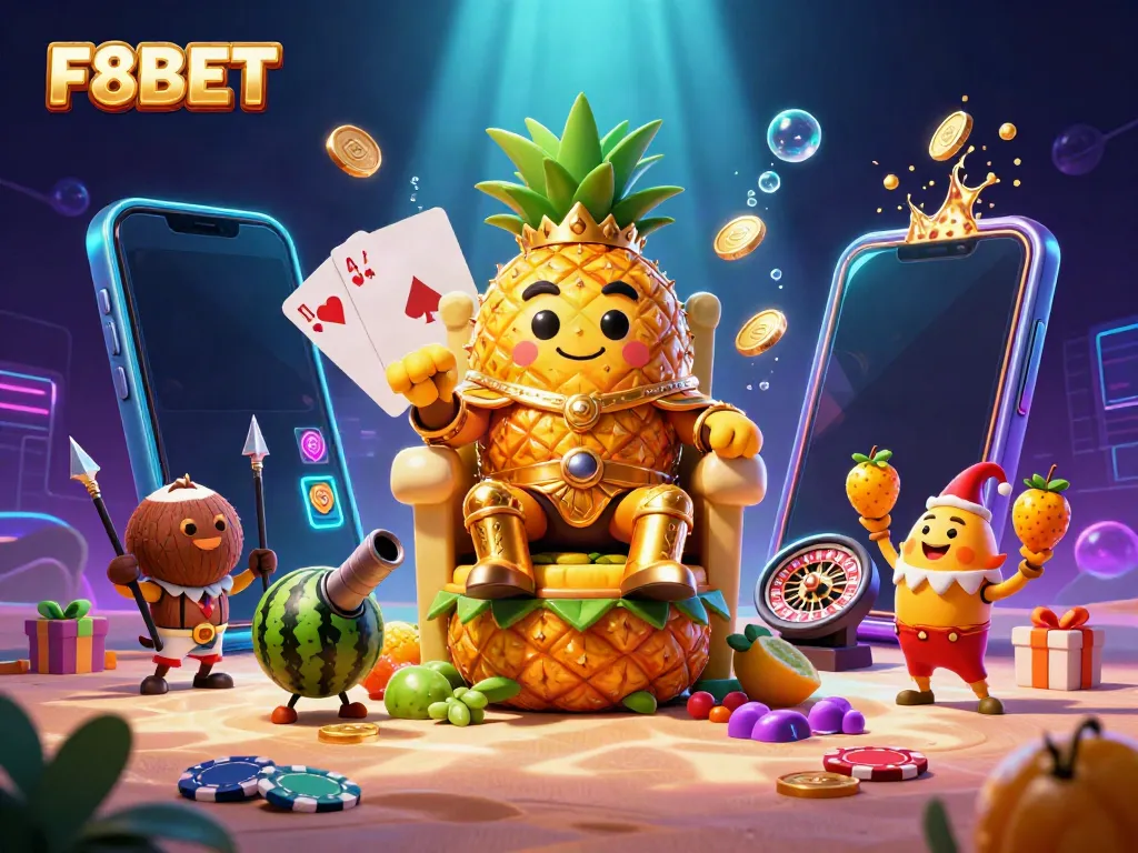 Experience the vibrant world of F8BET with a dazzling 3D casino scene featuring a golden pineapple king and fun gaming elements.