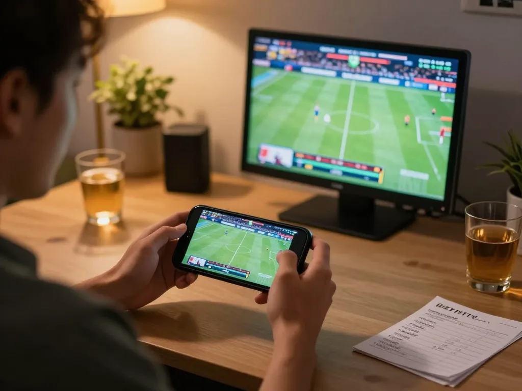 Exciting sports betting scene with 99OK app active on smartphone, comfortable home ambiance, focused gaming atmosphere