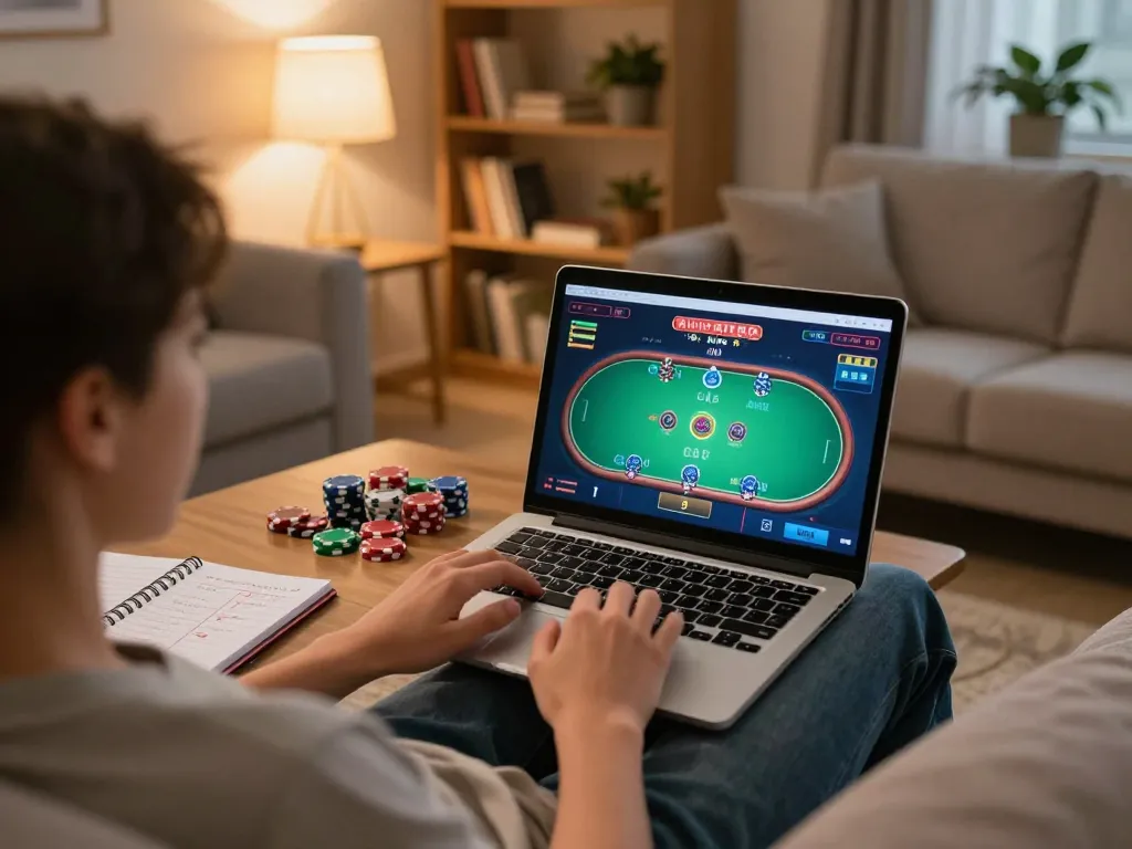 Person playing poker online in a comfortable living room, showcasing strategic play and fun at nhacaiuytinn.