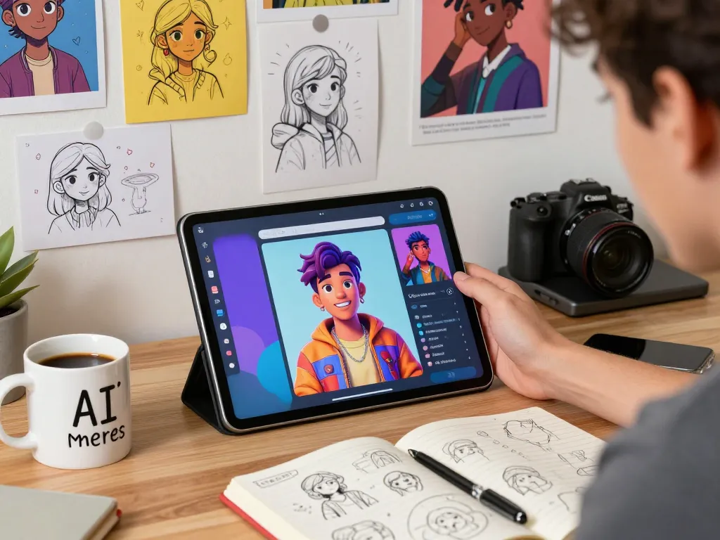 Engaging in Crushon AI character chat on tablet in cozy studio setting.