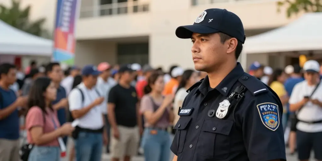 A dedicated Security Guard in uniform ensuring safety at a community event.