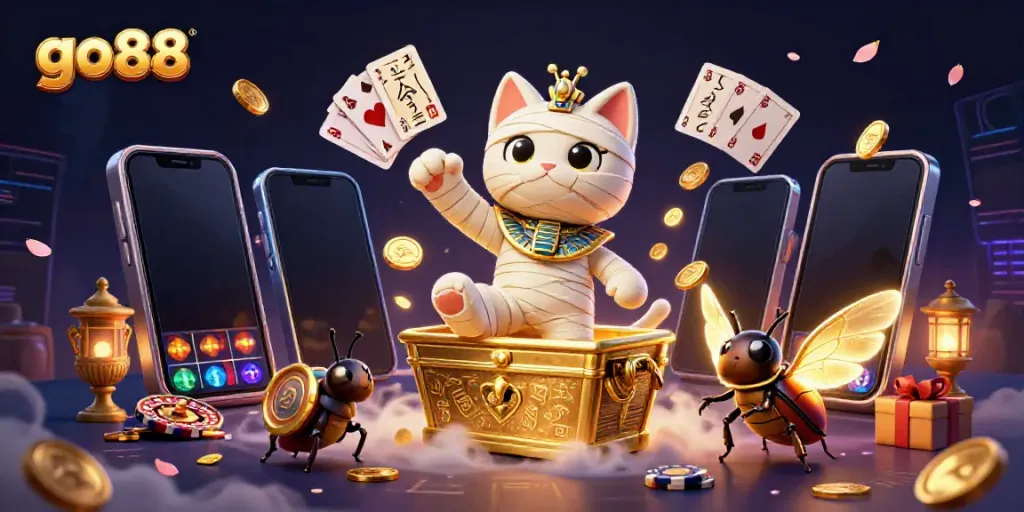 Experience the thrill of go88 with a mummy cat and glowing scarab in a vibrant casino scene