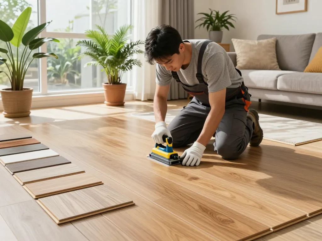 Flooring specialists near me installing luxury vinyl flooring in a bright living room.