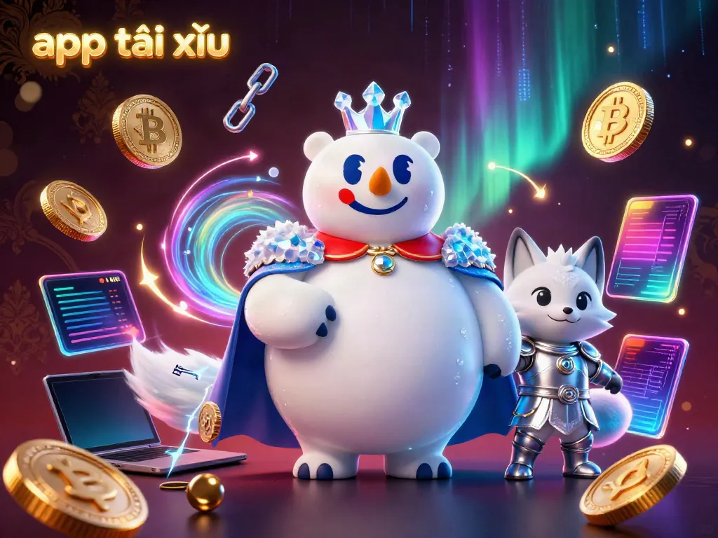 Engage with app tài xỉu through 3D cartoon kings and crypto elements in a vibrant casino scene.