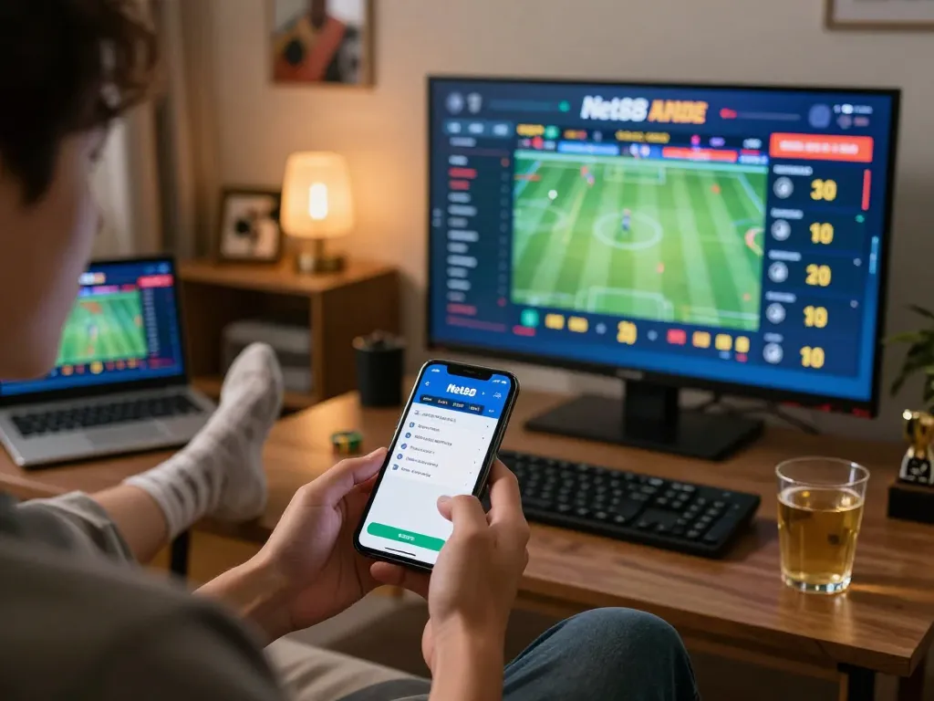 Engaging betting session at home with Net88 app showcasing live odds and mobile betting.