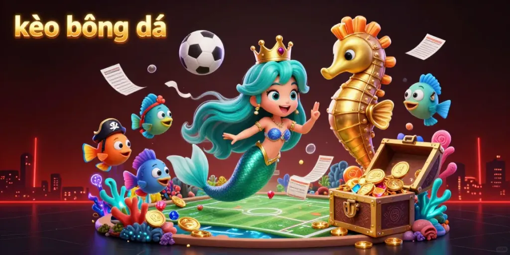 Join the lively kèo bóng đá betting scene with a mermaid princess analyzing sports, surrounded by vibrant character details.