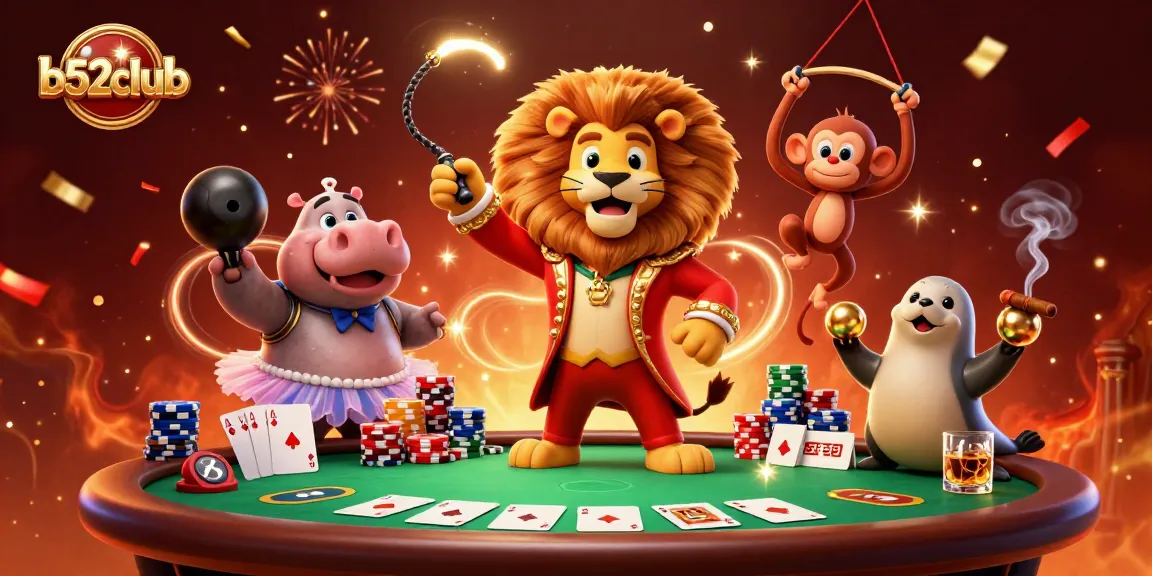Engage with b52club's vibrant casino scene featuring a lively poker table and entertaining characters.