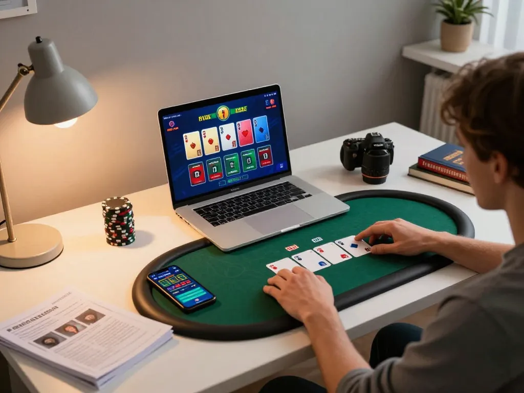 Engaging in online poker gameplay on gamebaidoithuong8 with strategy notes and a cozy home setting.