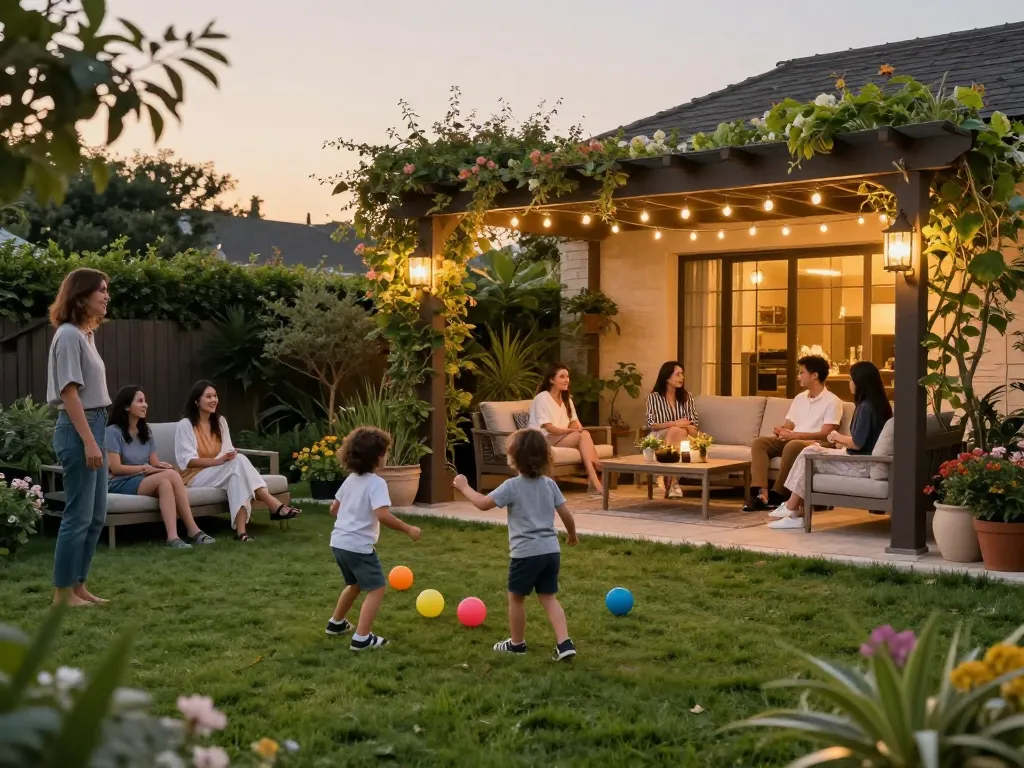 Engaging scene featuring a family enjoying time together under a pergola configurator designed outdoor space.