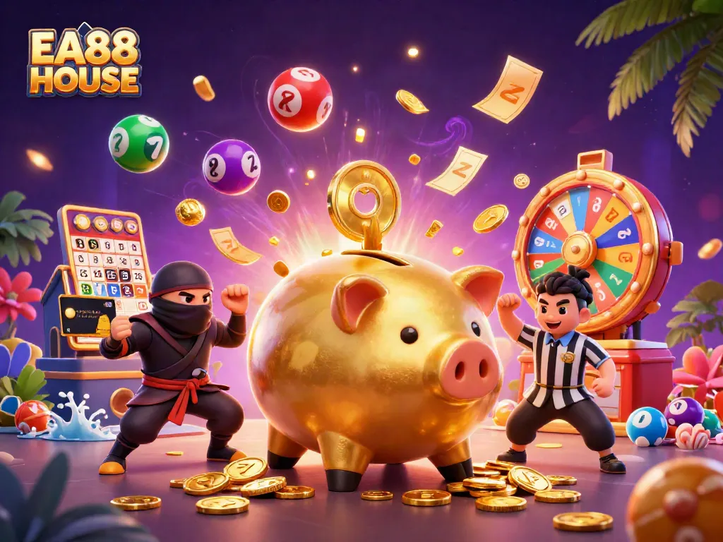 Win at EA88 HOUSE with action-packed scenes of gaming and vibrant casino elements.