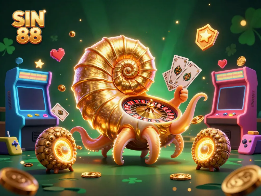 SIN 88 showcases vibrant casino gaming with a giant nautilus roulette wheel and glowing arcade machines.