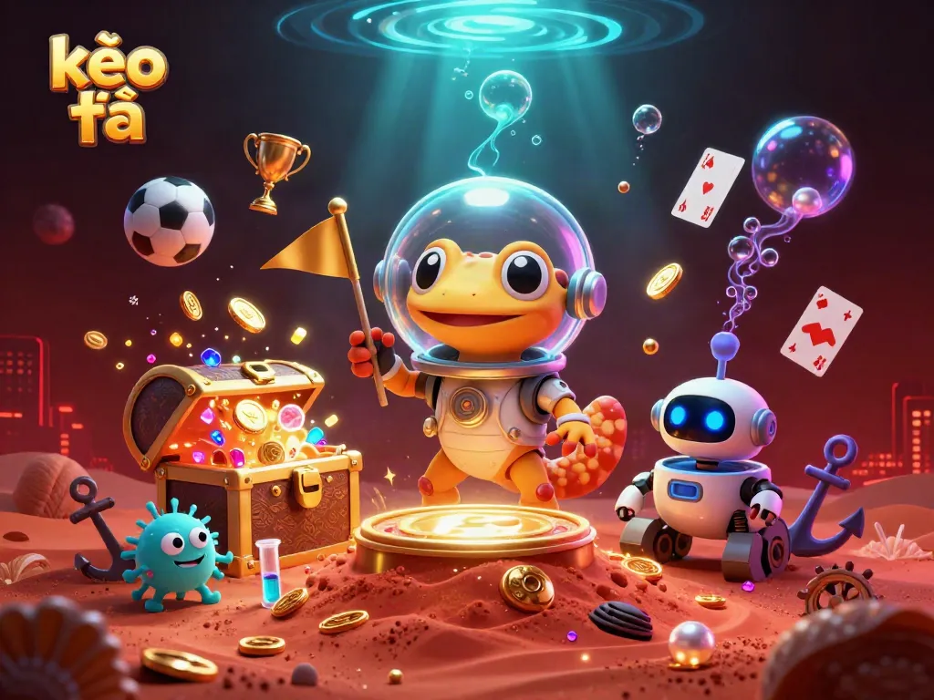Experience thrilling kèo bóng đá action with a Martian gecko discovering a golden casino in a vibrant alien landscape.