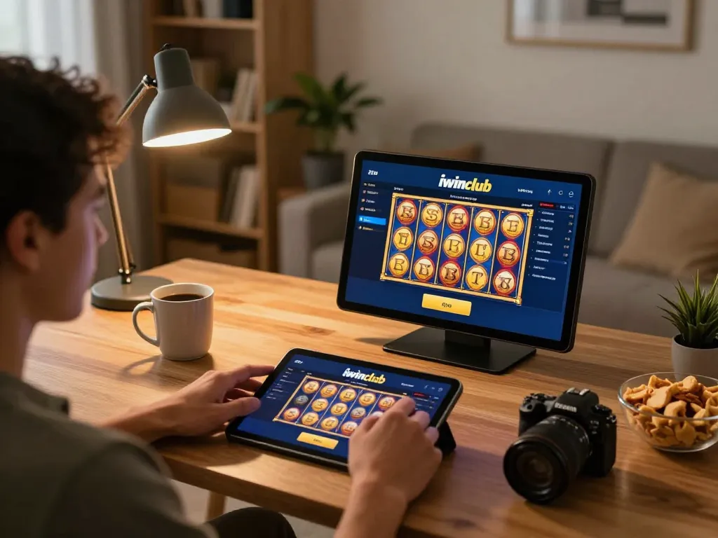 Person engages with the iwinclub app at home, showcasing a vibrant slot gaming experience.