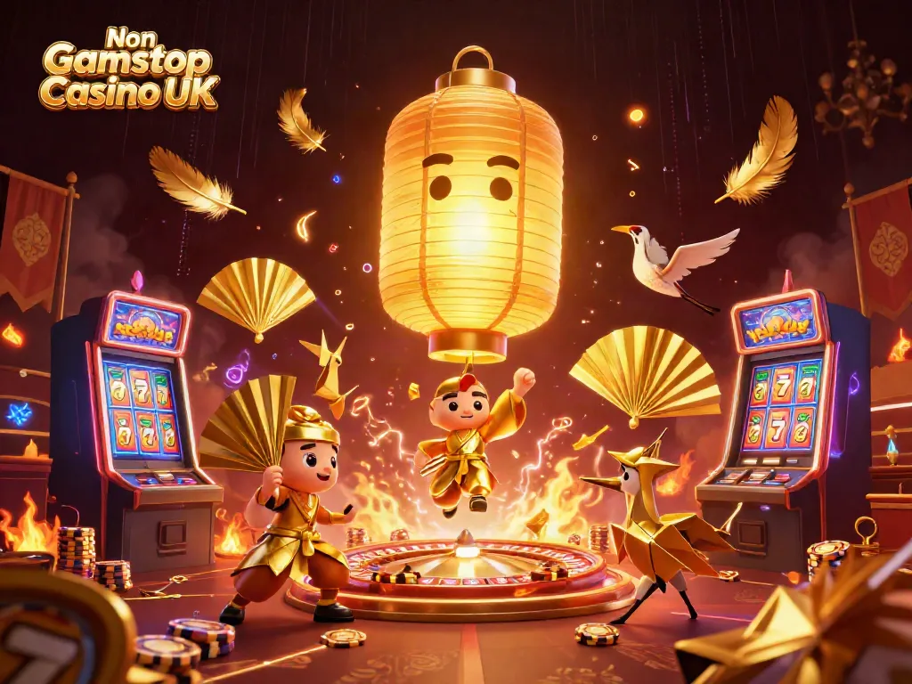 Experience the thrill of Non Gamstop Casino UK with a rich, vibrant 3D illustration of animated characters and casino elements.