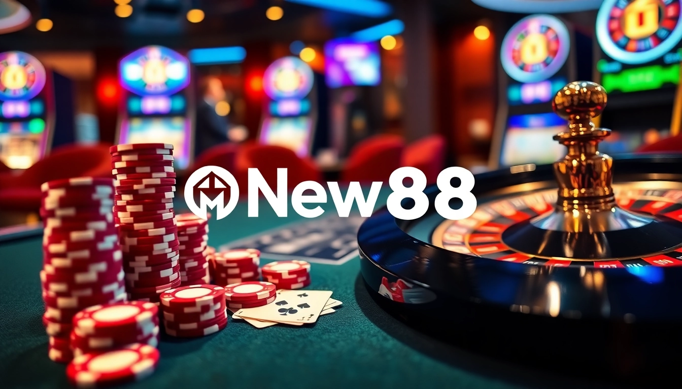 Experience the thrill of casino gaming with NEW88, showcasing vibrant poker chips and stylish playing cards.