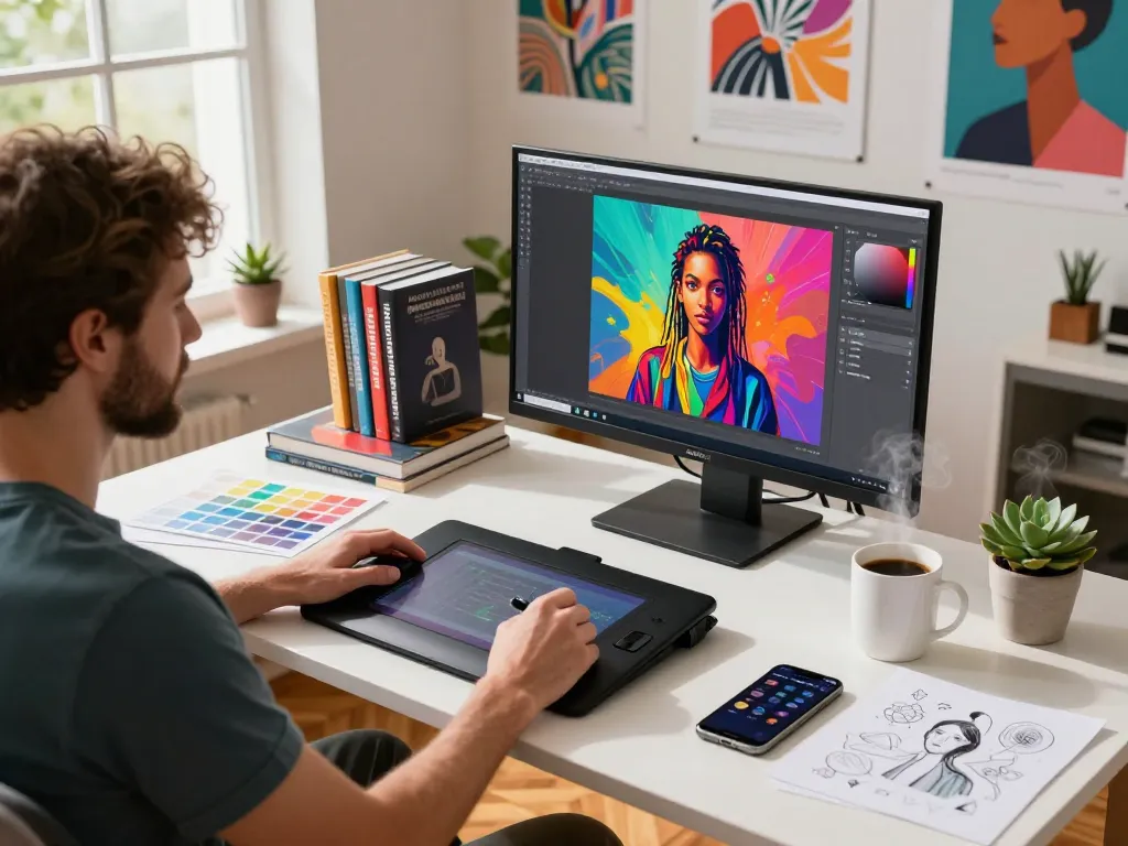 Artist using Nano Banana 2 software to create vibrant AI-generated art in creative studio.