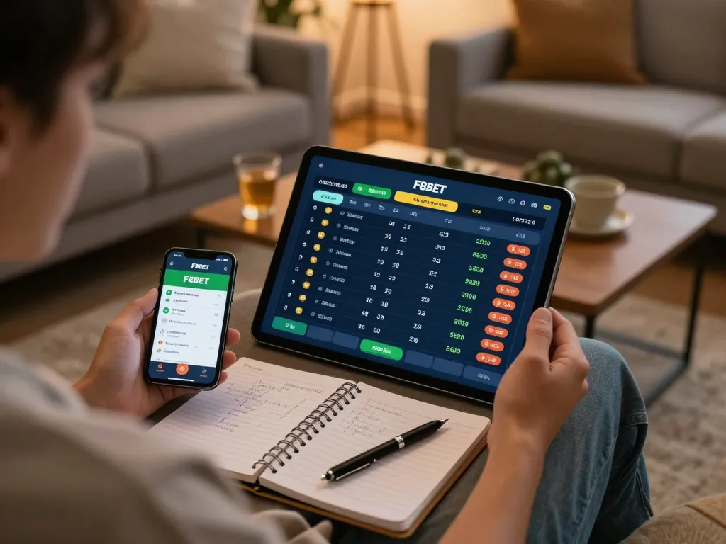 Betting on F8BET with strategic planning in a cozy home setup.