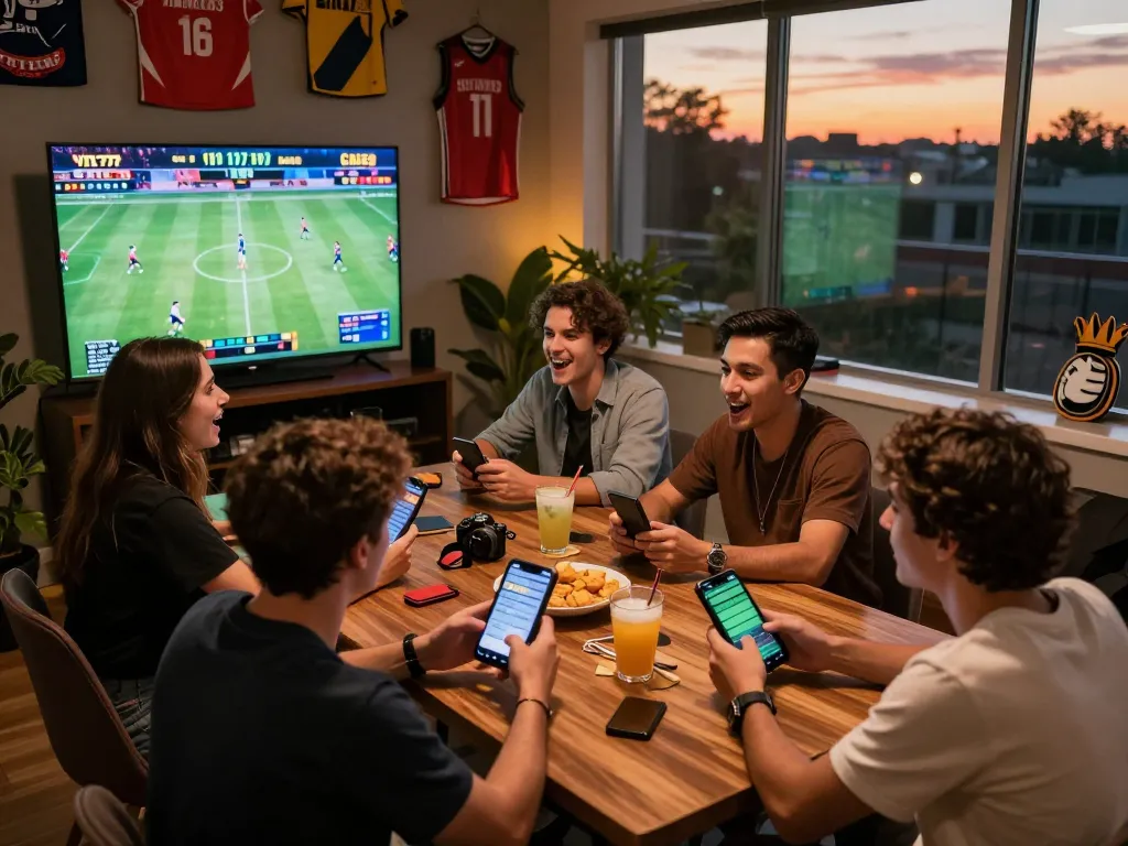 Friends excitedly placing bets on sports via mobile apps during an engaging VIN777 event.