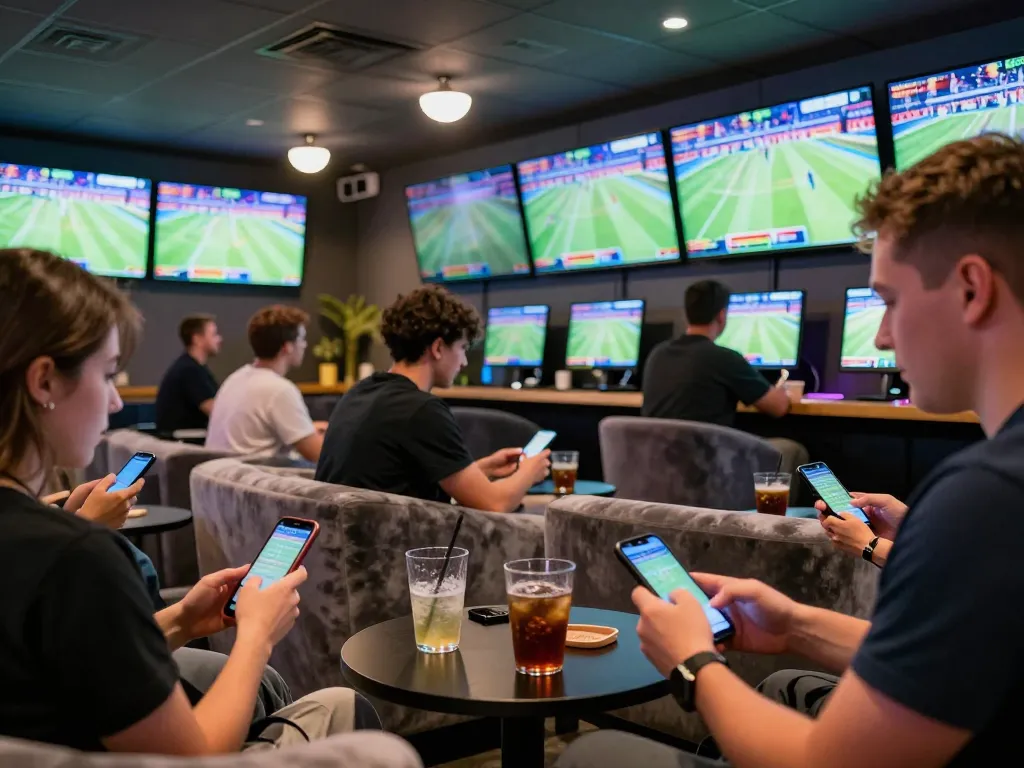 ko66 betting scene showing excited players in a vibrant sports lounge setting