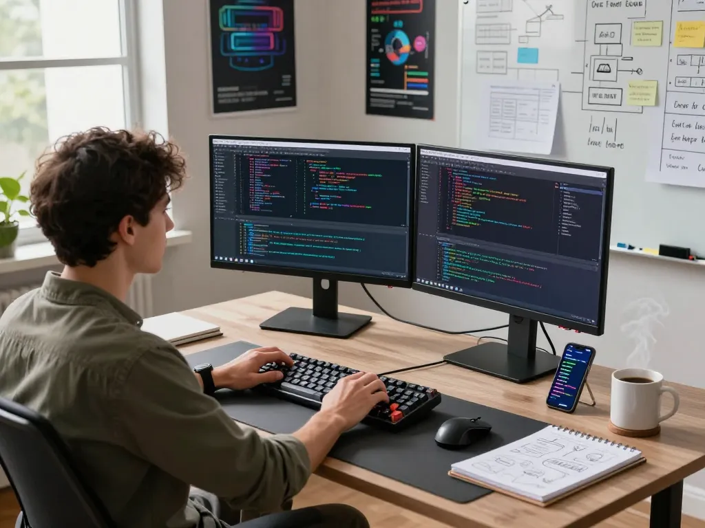 Developer engaged in coding at a modern desk with dual monitors, showcasing open claw AI automation tools for productivity.