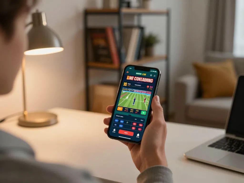 Hbet mobile app user placing bets in a cozy home setup, promoting responsible gambling.