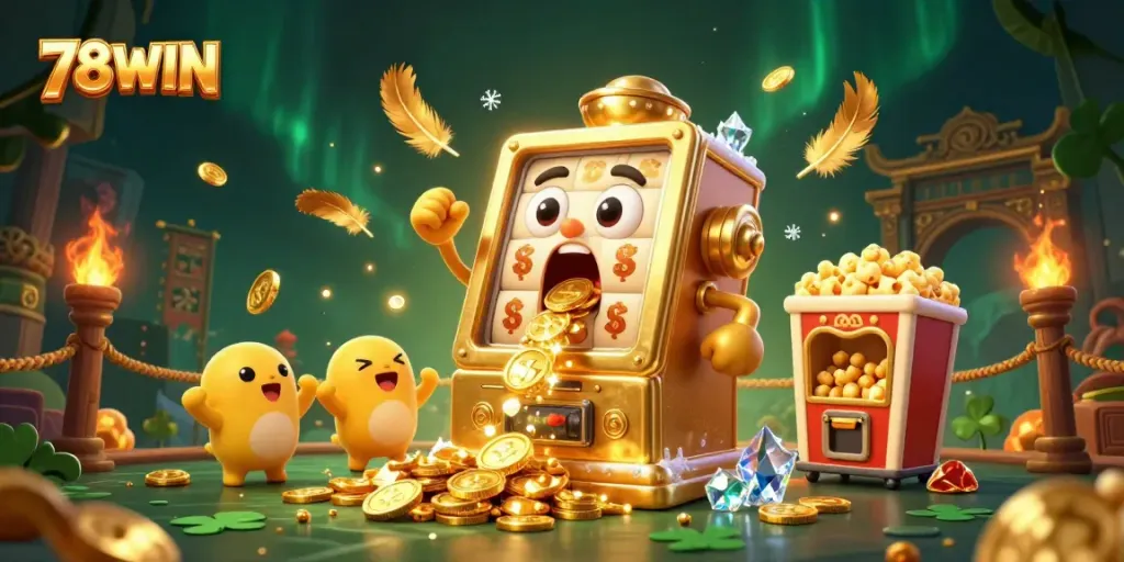 Experience the excitement of 78WIN as the golden slot machine hits a jackpot, full of lively animations.