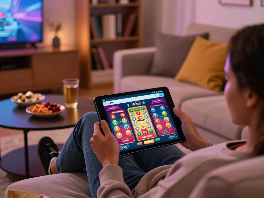 Engaging with the 789betgo app on a tablet in a cozy home setting, showcasing responsible gaming habits.