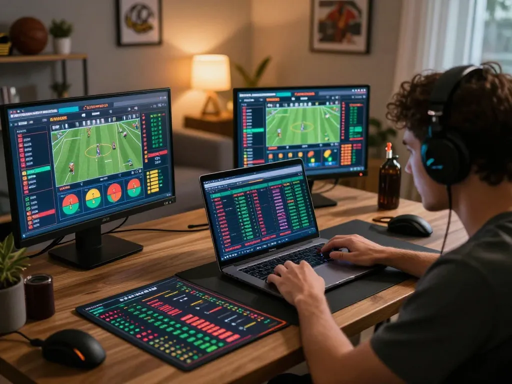 Engaging person using nowgoal to analyze sports betting odds on a laptop in a cozy modern home setting.