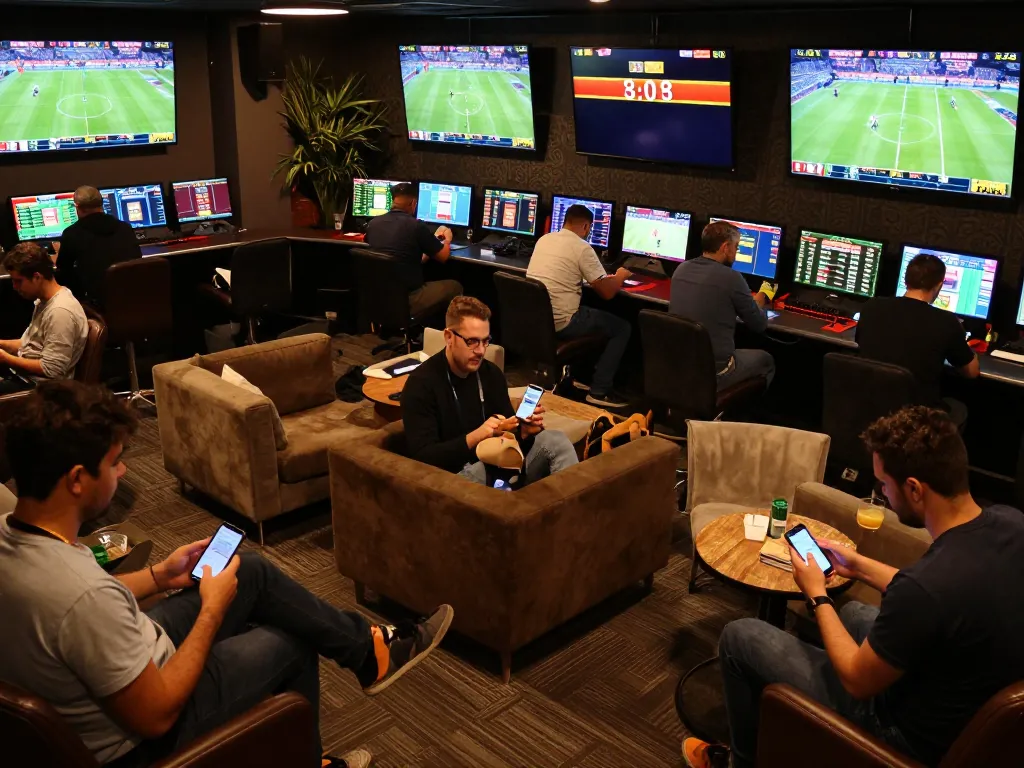 Betting enthusiasts engaging with kkwin sports betting app in a lively wagering environment