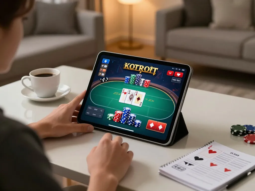 Engaging gameplay on 78winvina tablet featuring colorful poker cards and chips in a cozy home setting.
