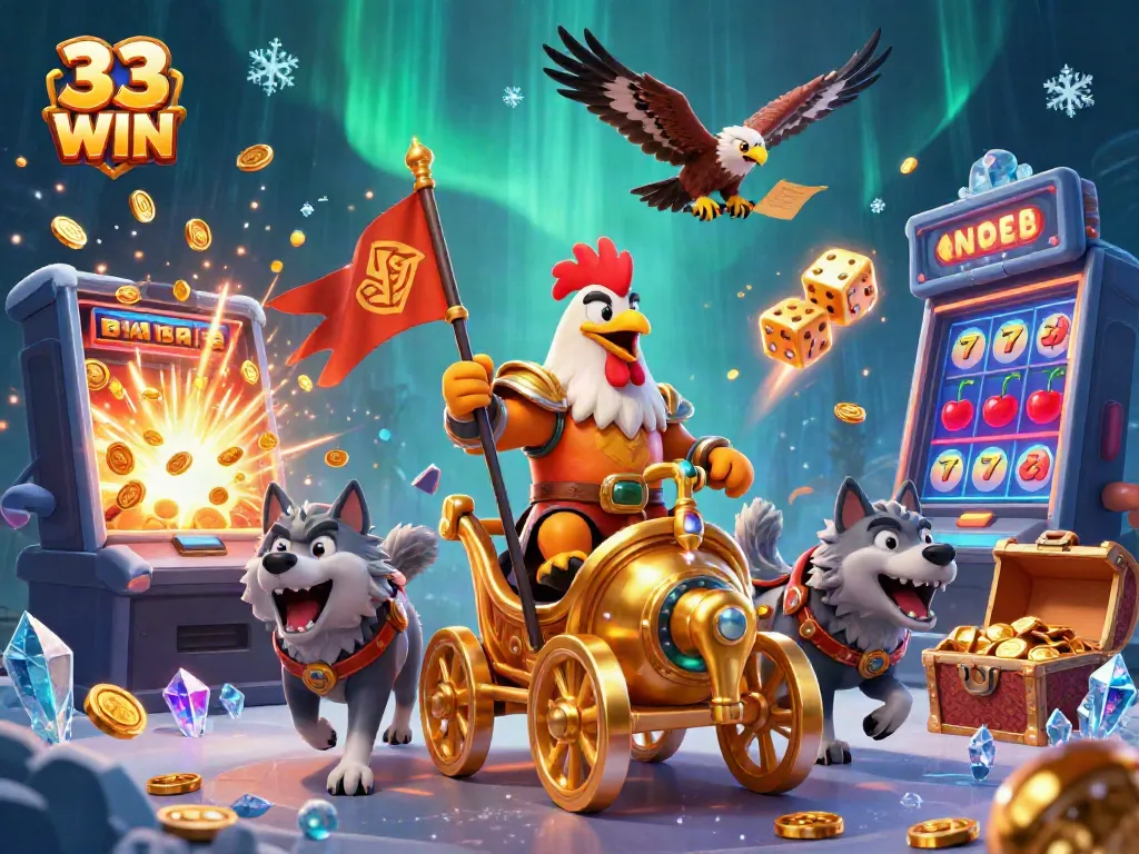Experience the thrilling action of 33 WIN with a cartoon rooster warlord and dynamic casino elements!