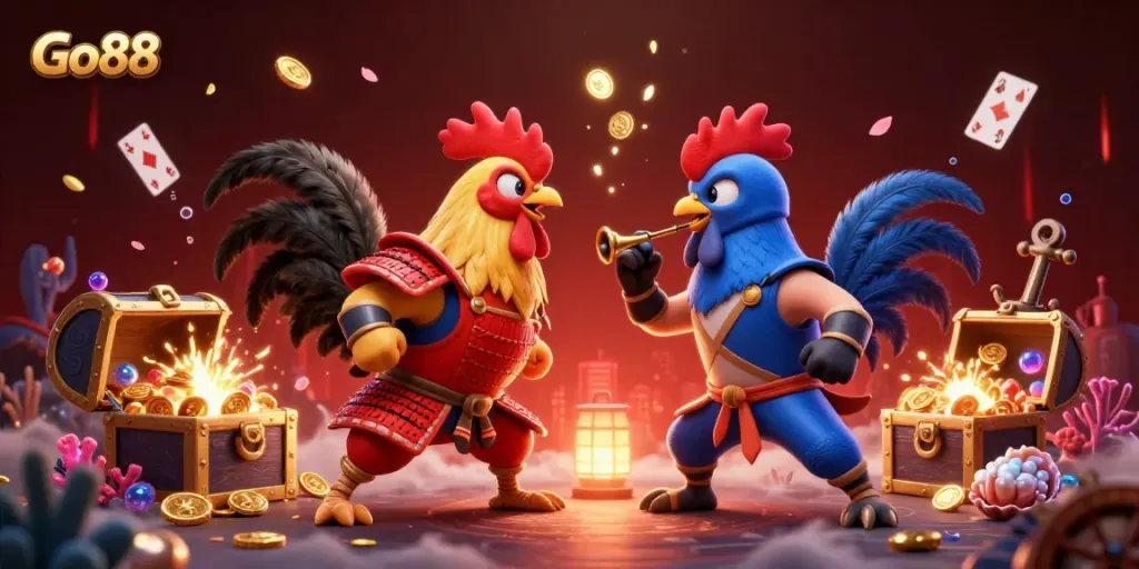 Experience thrilling action at Go88 with roosters in an epic duel surrounded by treasures.